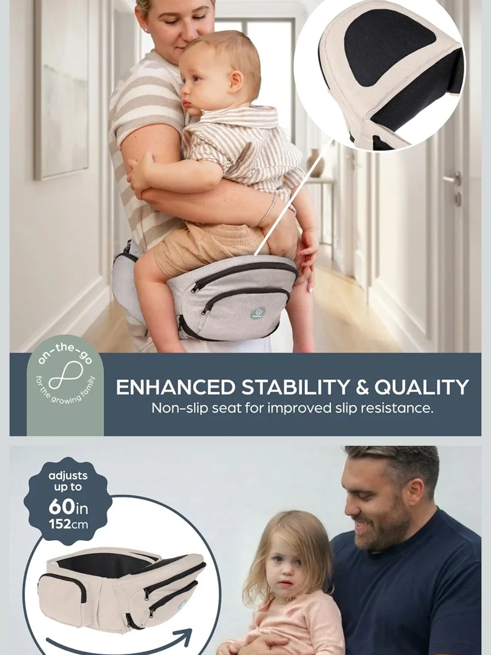 Beige Kids Hip Seat Carrier with Support Cradle - Neutral Baby Carrying Bag